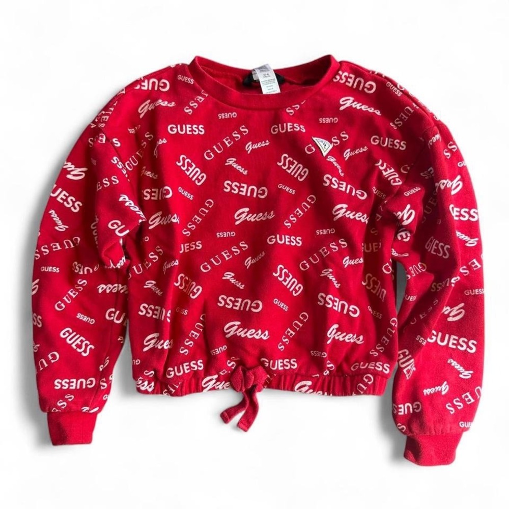 Guess Sweatshirt Kids Size S 7-8 Red All Over Logo Print Tie Front Cropped Crew
